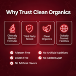 Clean Organics aged odorless garlic supplement bottle, showcasing natural garlic capsules for wellness support.