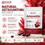 Clean Organics Astaxanthin 12mg softgels, a potent antioxidant supplement, shown in a bottle with softgel capsules.