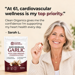 Clean Organics aged odorless garlic supplement bottle with capsules, supporting wellness and health in a natural supplement form.