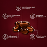 Clean Organics aged odorless garlic supplement bottle, showing label and supplement capsules, promotes wellness naturally.