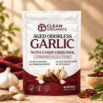 Clean Organics aged odorless garlic supplement bottle, showcasing natural garlic capsules for wellness support.