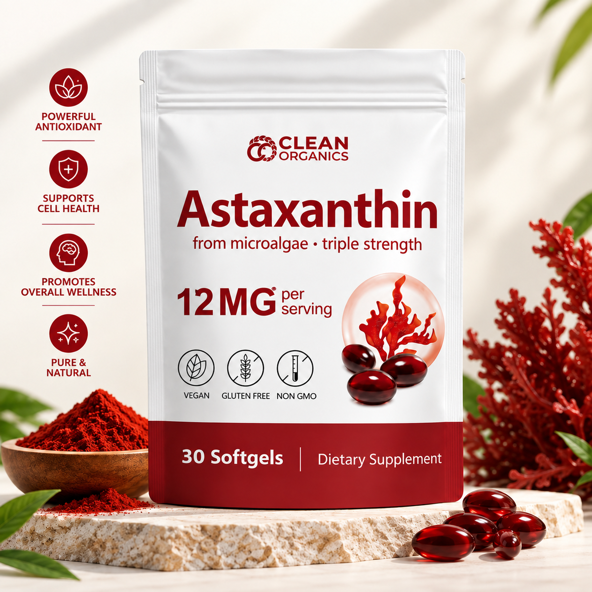 Clean Organics Astaxanthin 12mg Softgels — Triple Strength Antioxidant Support
