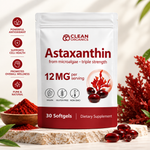 Clean Organics Astaxanthin 12mg softgels, triple strength antioxidant supplement, shown in clear softgel capsules.