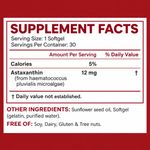 Clean Organics Astaxanthin 12mg softgels, triple strength antioxidant supplement, displayed in a bottle with softgel capsules.