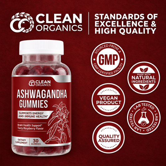 Clean Organics Ashwagandha Gummies supplement featuring KSM-66® for stress relief and sleep support, displayed in a clear bottle.