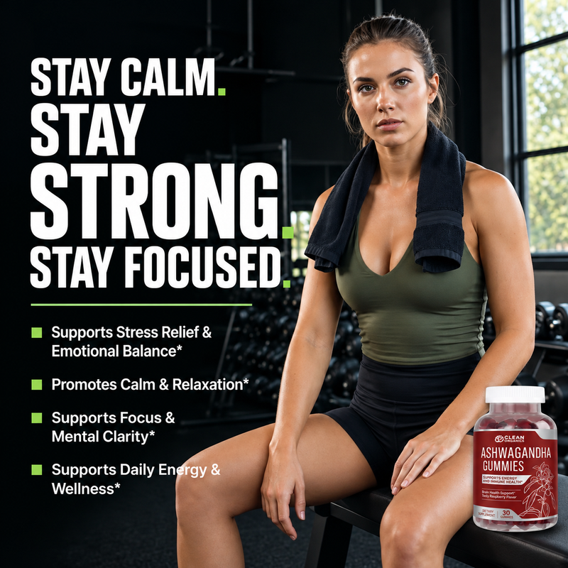 Clean Organics Ashwagandha Gummies supplement with KSM-66® for stress relief and sleep support, shown in a bottle with gummies.