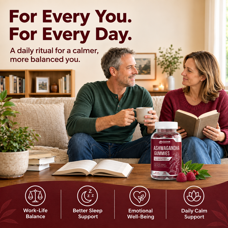 Clean Organics Ashwagandha Gummies with KSM-66® for stress relief and sleep support, shown in a clear image of the supplement bottles.