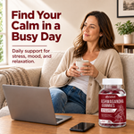 Clean Organics Ashwagandha gummies supplement with KSM-66 for stress relief and sleep support, displayed in a clear container.
