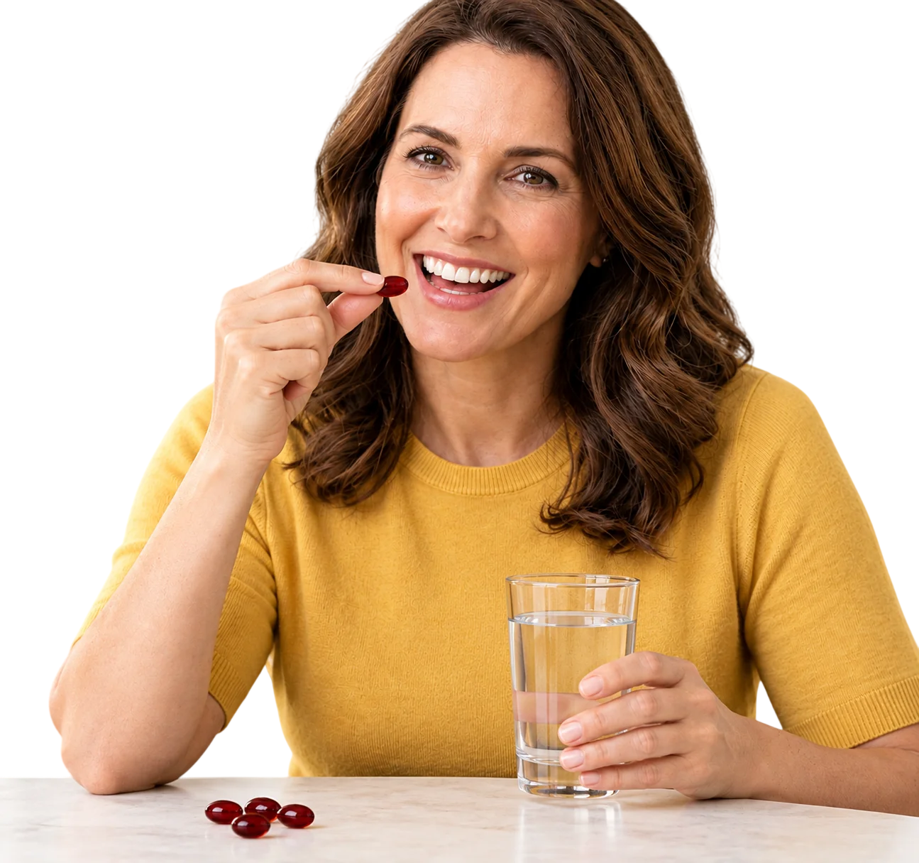 Woman taking Clean Organics astaxanthin softgel